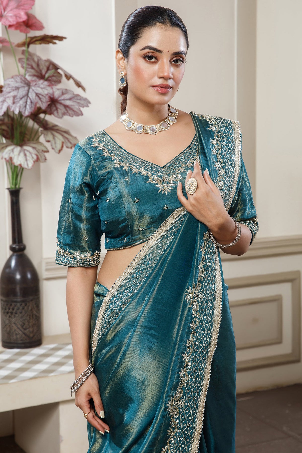 Teal Blue Tissue Dola Silk Saree with Readymade Blouse and Applique Cutdana Work - blue silk saree