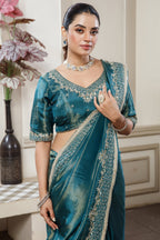 Teal Blue Tissue Dola Silk Saree with Readymade Blouse and Applique Cutdana Work - blue silk saree