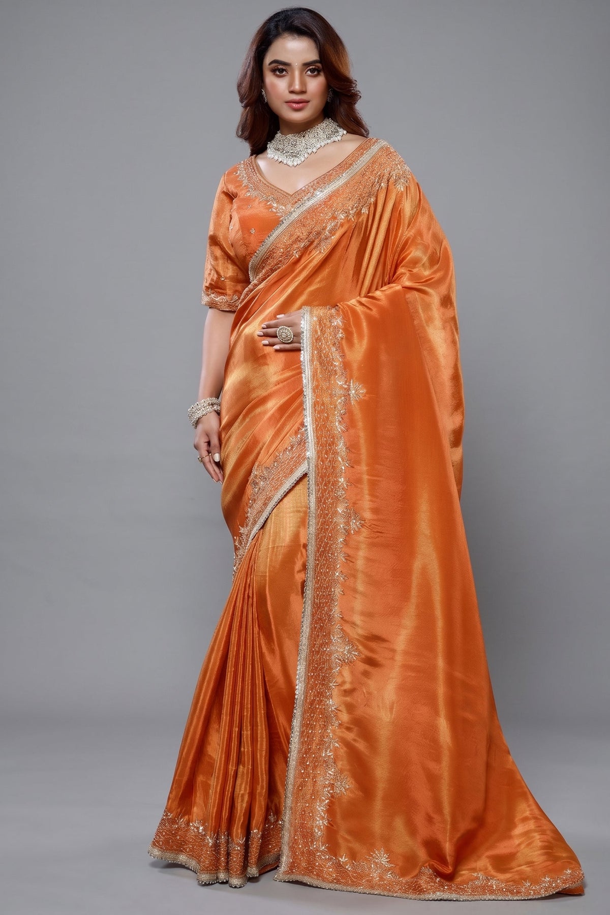 Orange Tissue Dola Silk Saree