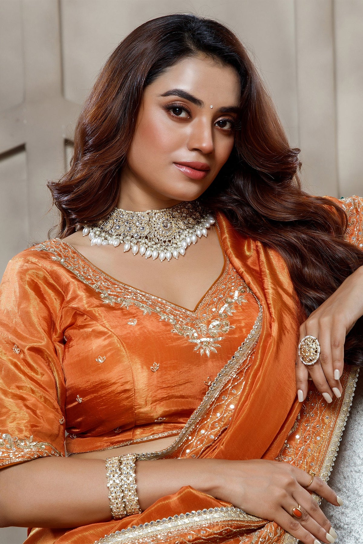 Orange Tissue Dola Silk Saree with Readymade Blouse and Applique Cutdana Work - orange silk saree