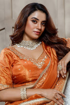 Orange Tissue Dola Silk Saree with Readymade Blouse and Applique Cutdana Work - orange silk saree
