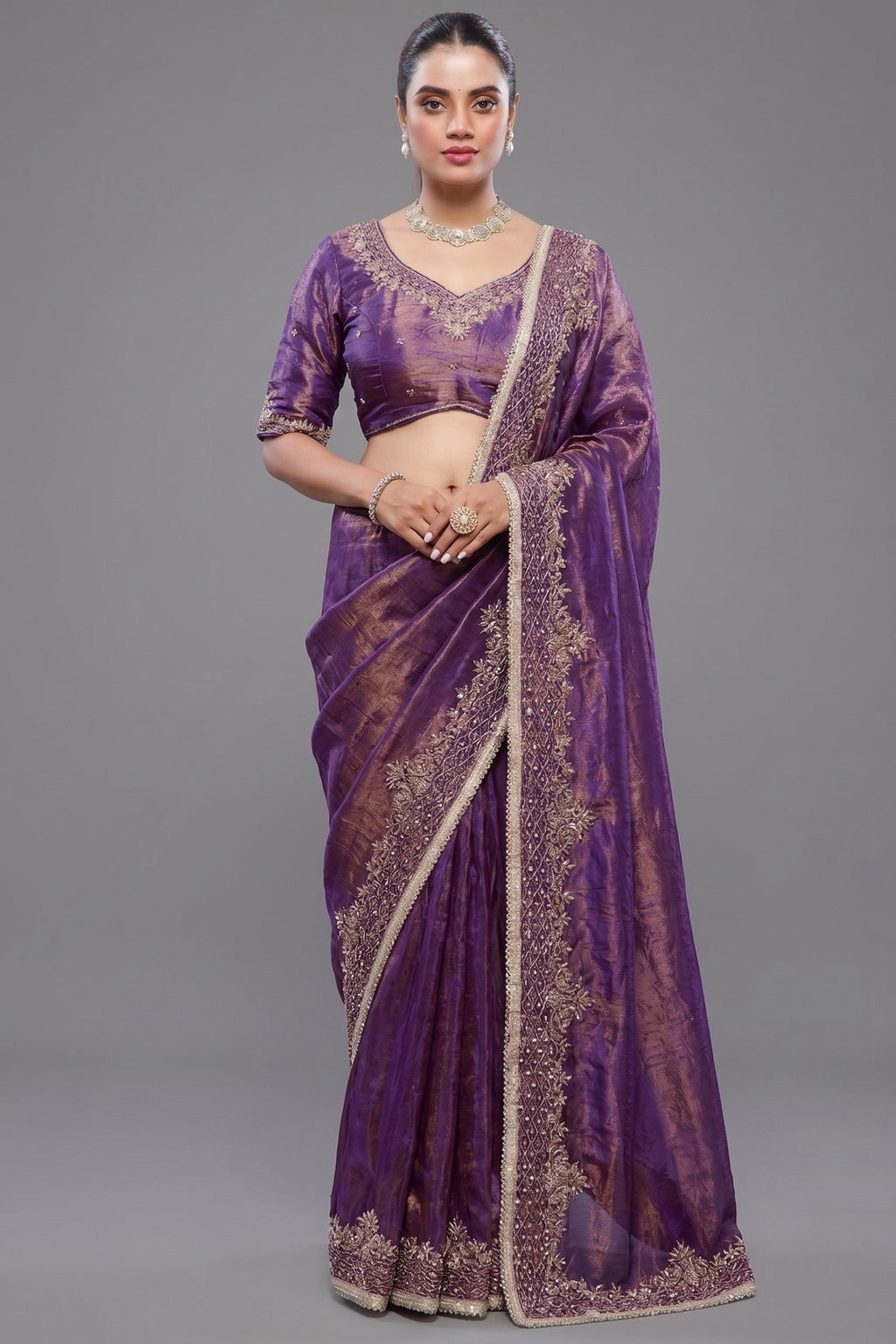 Violet Purple Tissue Dola Silk Saree