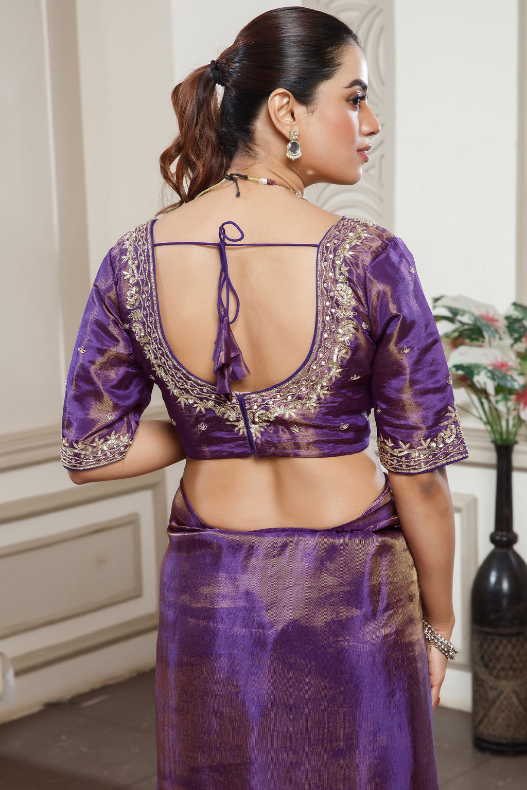 Violet Purple Tissue Dola Silk Saree with Readymade Blouse and Applique Cutdana Work - purple silk saree