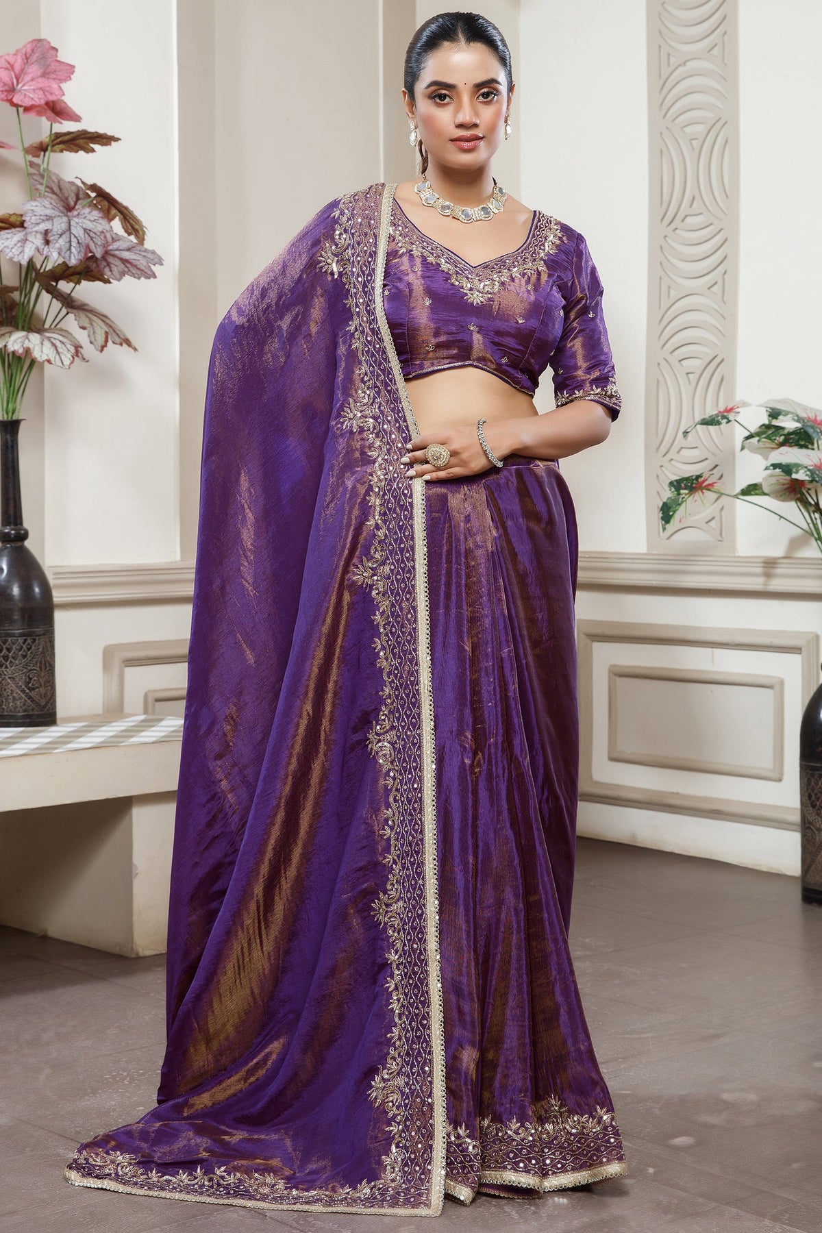 Violet Purple Tissue Dola Silk Saree with Readymade Blouse and Applique Cutdana Work - purple silk saree