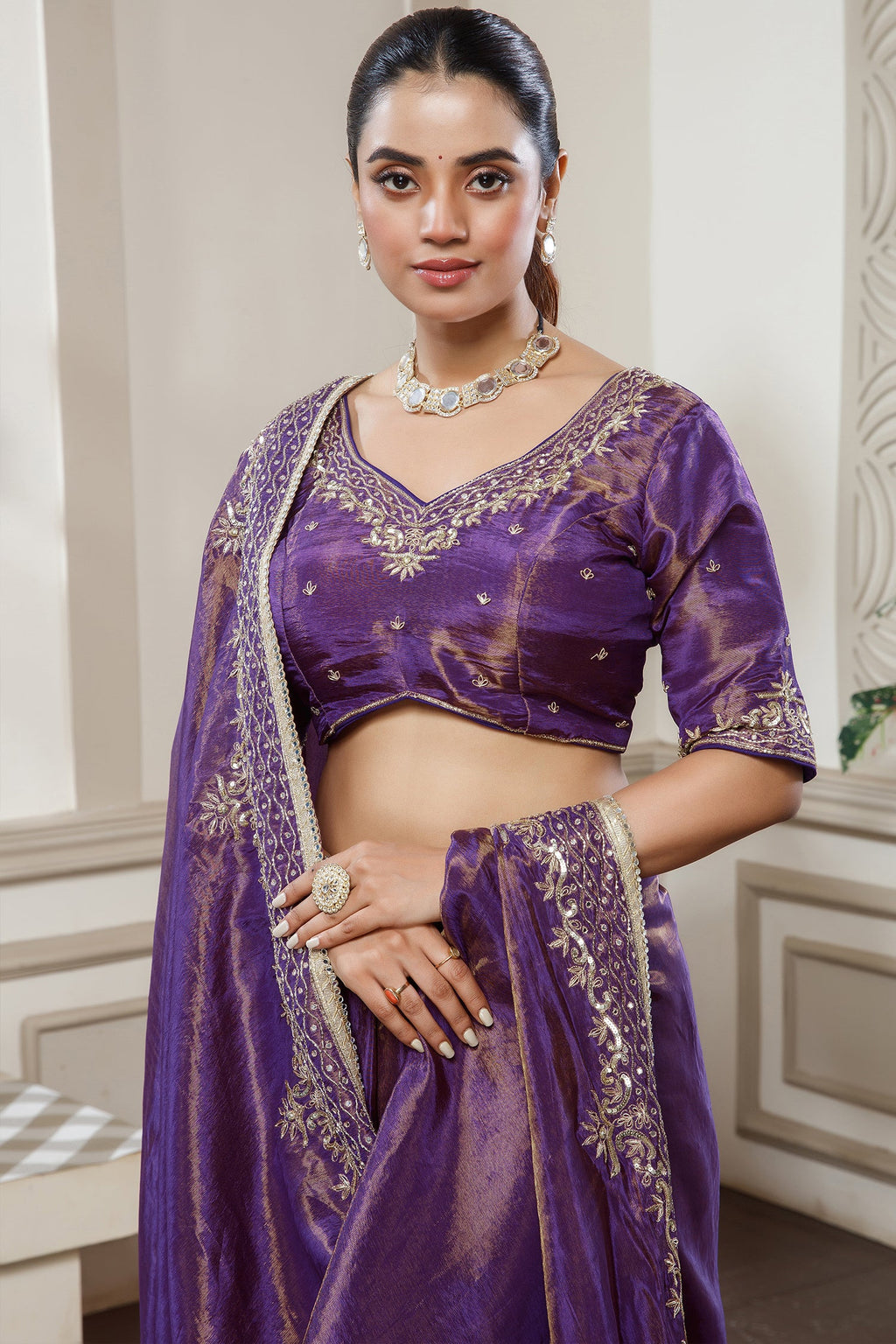 Violet Purple Tissue Dola Silk Saree with Readymade Blouse and Applique Cutdana Work - purple silk saree