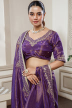 Violet Purple Tissue Dola Silk Saree with Readymade Blouse and Applique Cutdana Work - purple silk saree