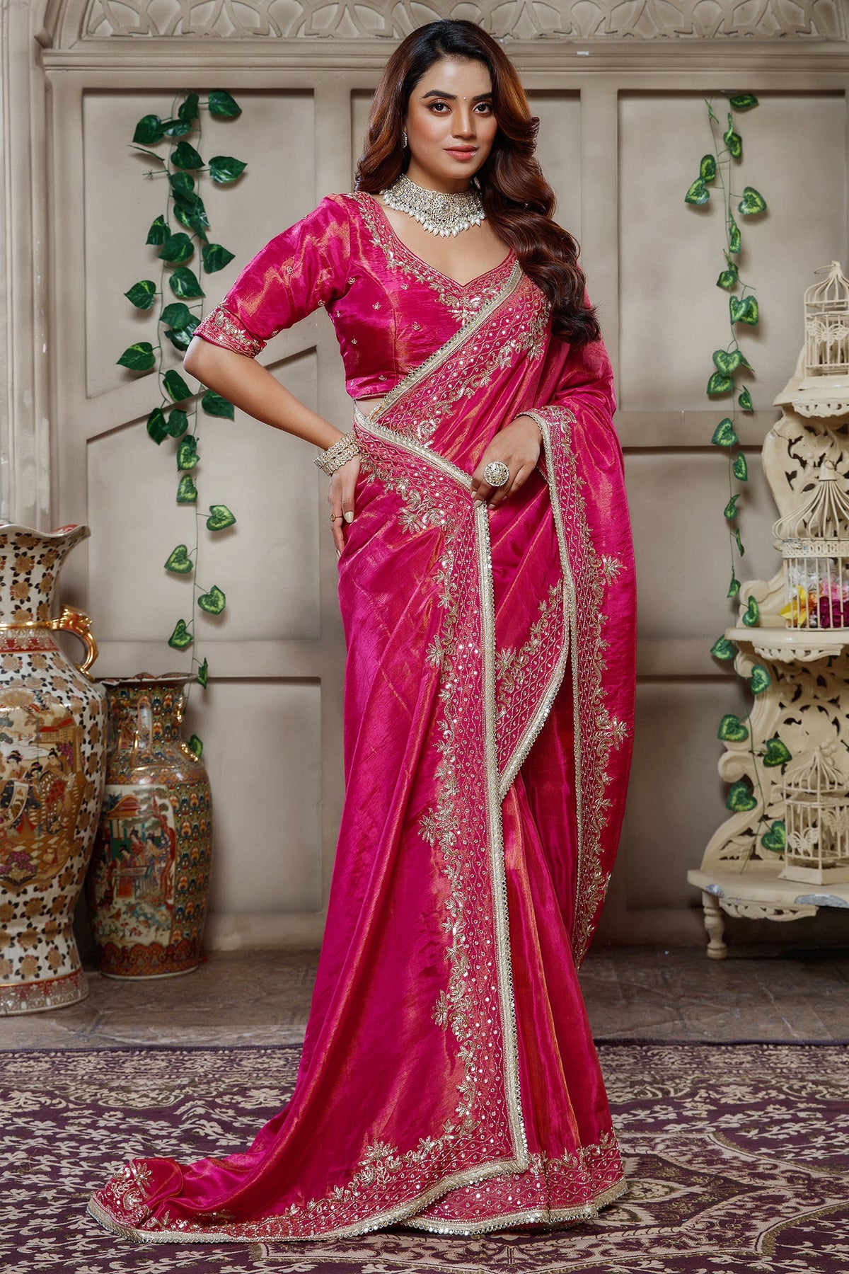 Rani Pink Tissue Dola Silk Saree with Readymade Blouse and Applique Cutdana Work - pink silk saree