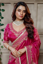 Rani Pink Tissue Dola Silk Saree with Readymade Blouse and Applique Cutdana Work - pink silk saree