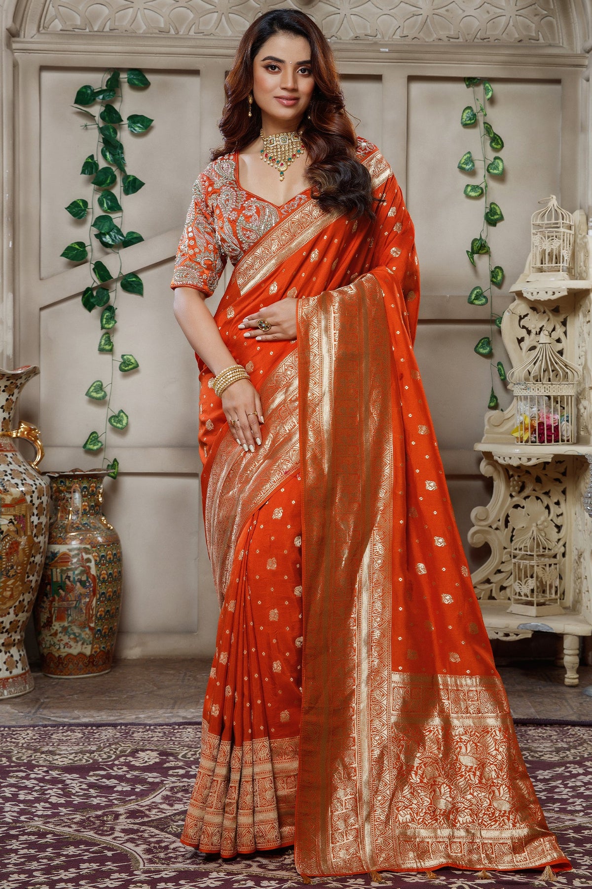 Orange Gaji Silk Woven Saree with Handworked Readymade Blouse - orange silk saree
