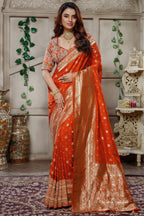 Orange Gaji Silk Woven Saree with Handworked Readymade Blouse - orange silk saree