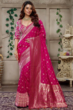 Dark Rani Pink Gaji Silk Woven Saree with Handworked Readymade Blouse - pink silk saree