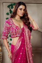 Dark Rani Pink Gaji Silk Woven Saree with Handworked Readymade Blouse - pink silk saree