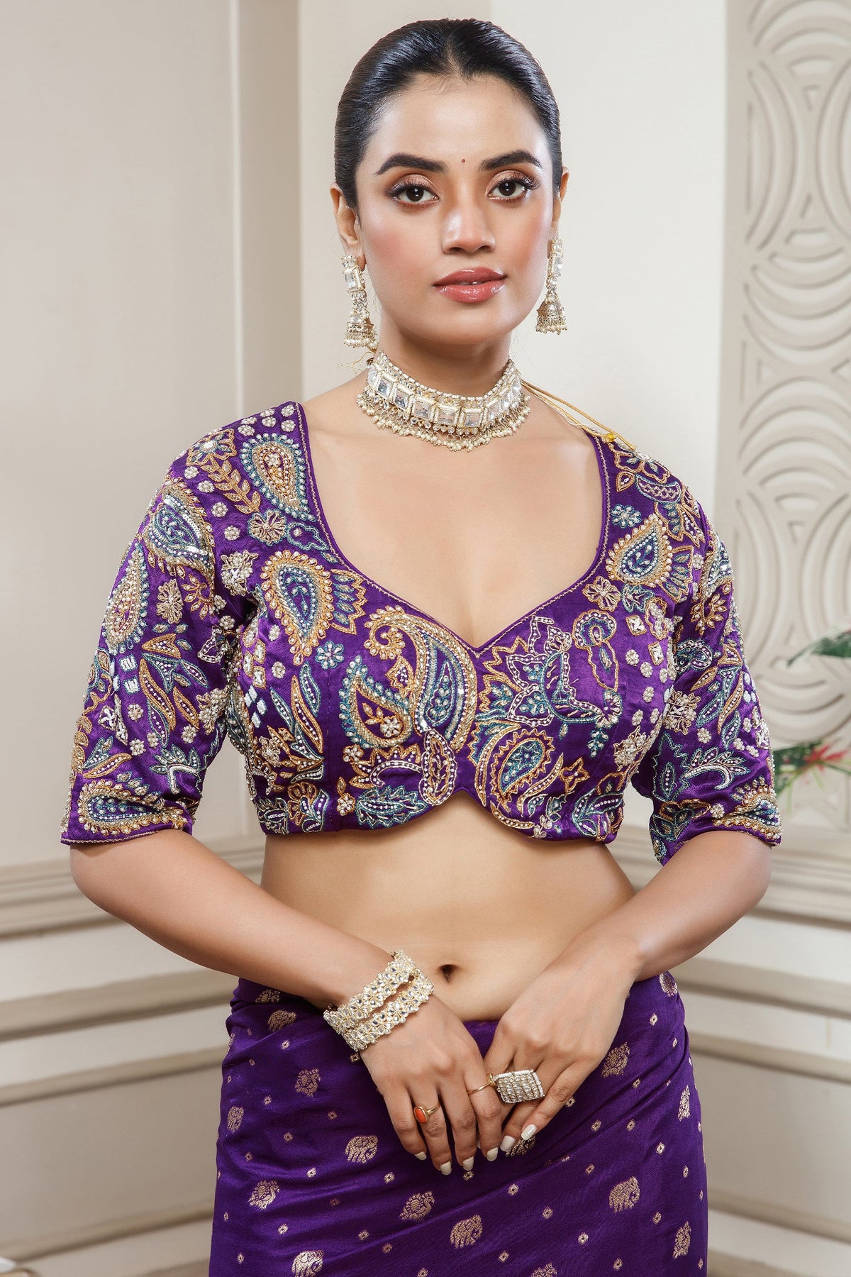 Deep Purple Gaji Silk Woven Saree with Handworked Readymade Blouse - purple silk saree