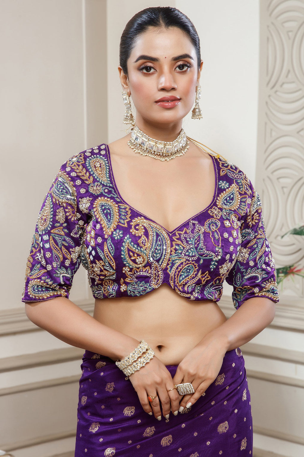 Deep Purple Gaji Silk Woven Saree with Handworked Readymade Blouse - purple silk saree