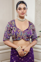 Deep Purple Gaji Silk Woven Saree with Handworked Readymade Blouse - purple silk saree