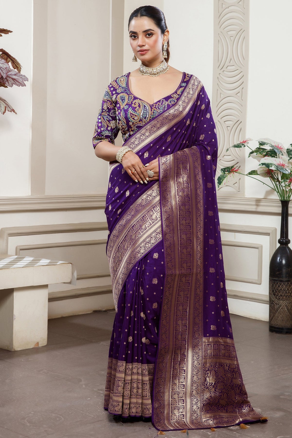 Deep Purple Gaji Silk Woven Saree with Handworked Readymade Blouse - purple silk saree