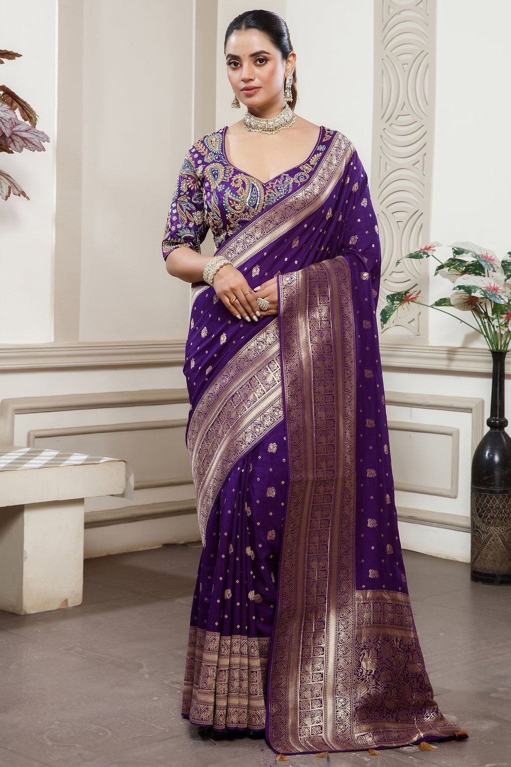 Deep Purple Gaji Silk Woven Saree with Handworked Readymade Blouse - purple silk saree