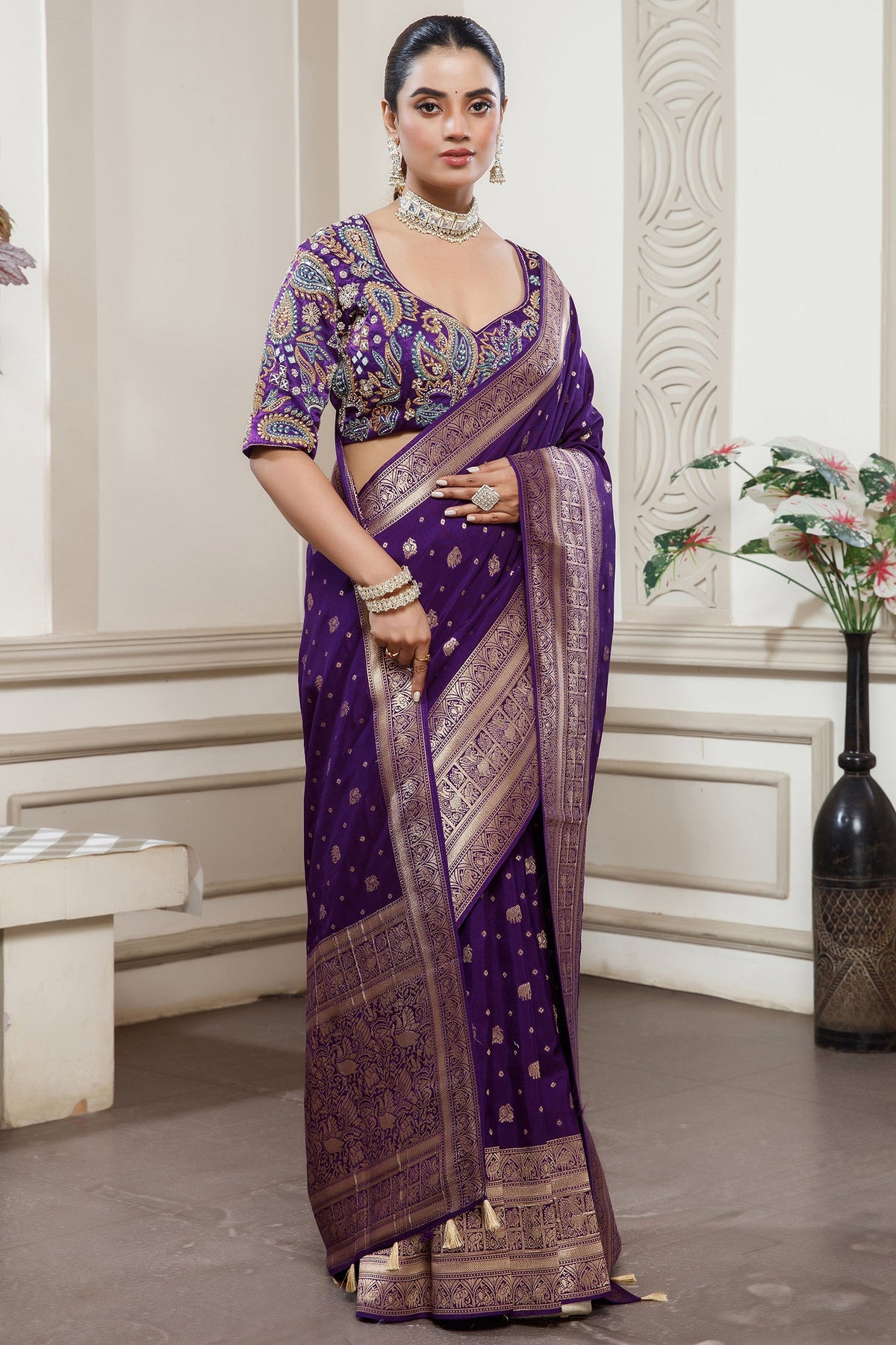 Deep Purple Gaji Silk Woven Saree with Handworked Readymade Blouse - purple silk saree