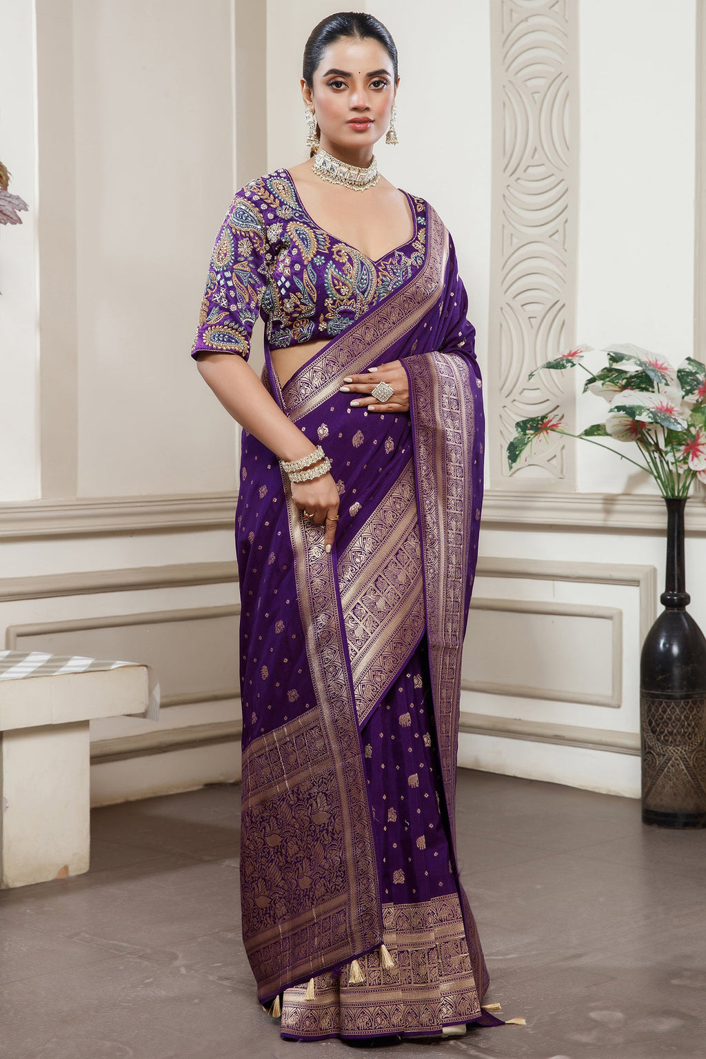 Deep Purple Gaji Silk Woven Saree with Handworked Readymade Blouse - purple silk saree