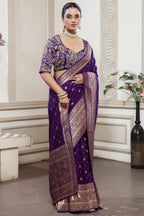 Deep Purple Gaji Silk Woven Saree with Handworked Readymade Blouse - purple silk saree