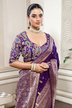 Deep Purple Gaji Silk Woven Saree with Handworked Readymade Blouse - purple silk saree