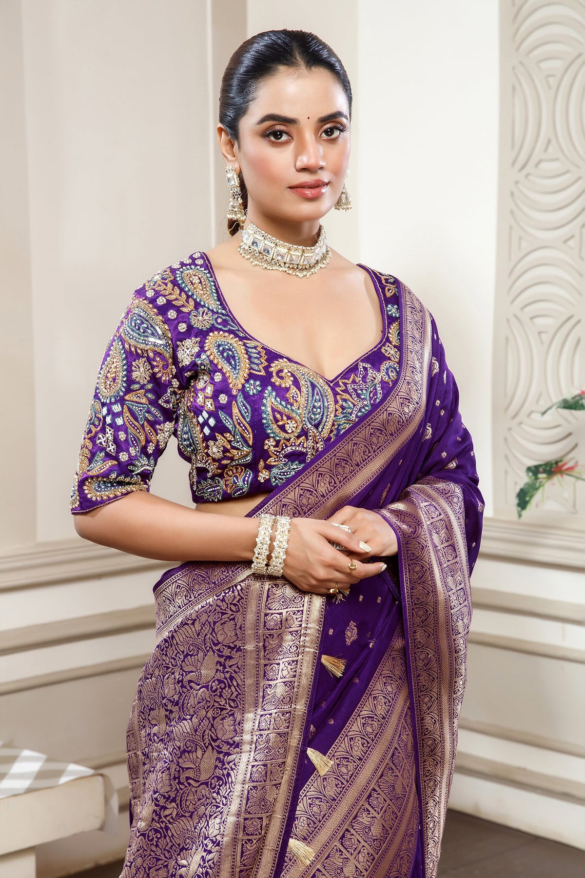 Deep Purple Gaji Silk Woven Saree with Handworked Readymade Blouse - purple silk saree