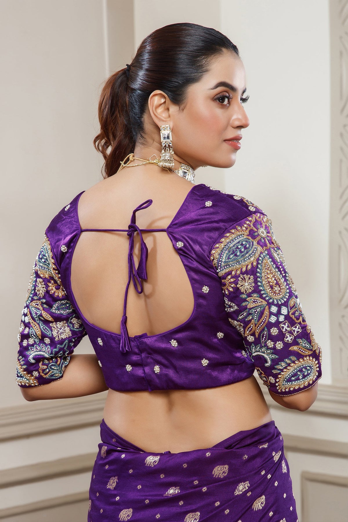 Deep Purple Gaji Silk Woven Saree with Handworked Readymade Blouse - purple silk saree