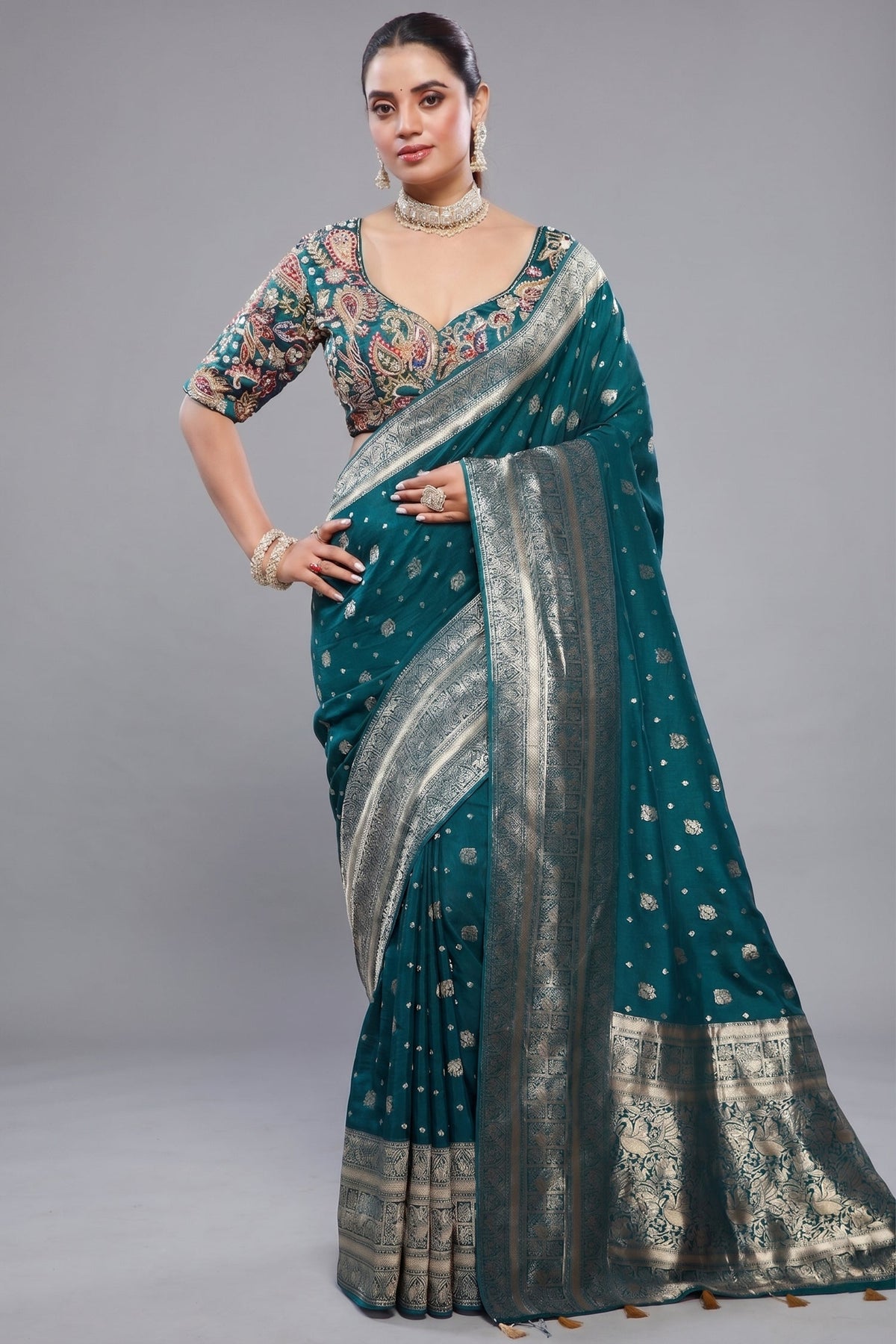 Teal Blue Gaji Silk Woven Saree