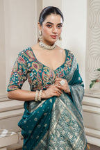Teal Blue Gaji Silk Woven Saree with Handworked Readymade Blouse - blue silk saree