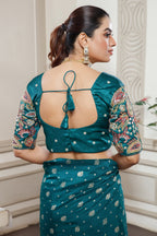 Teal Blue Gaji Silk Woven Saree with Handworked Readymade Blouse - blue silk saree