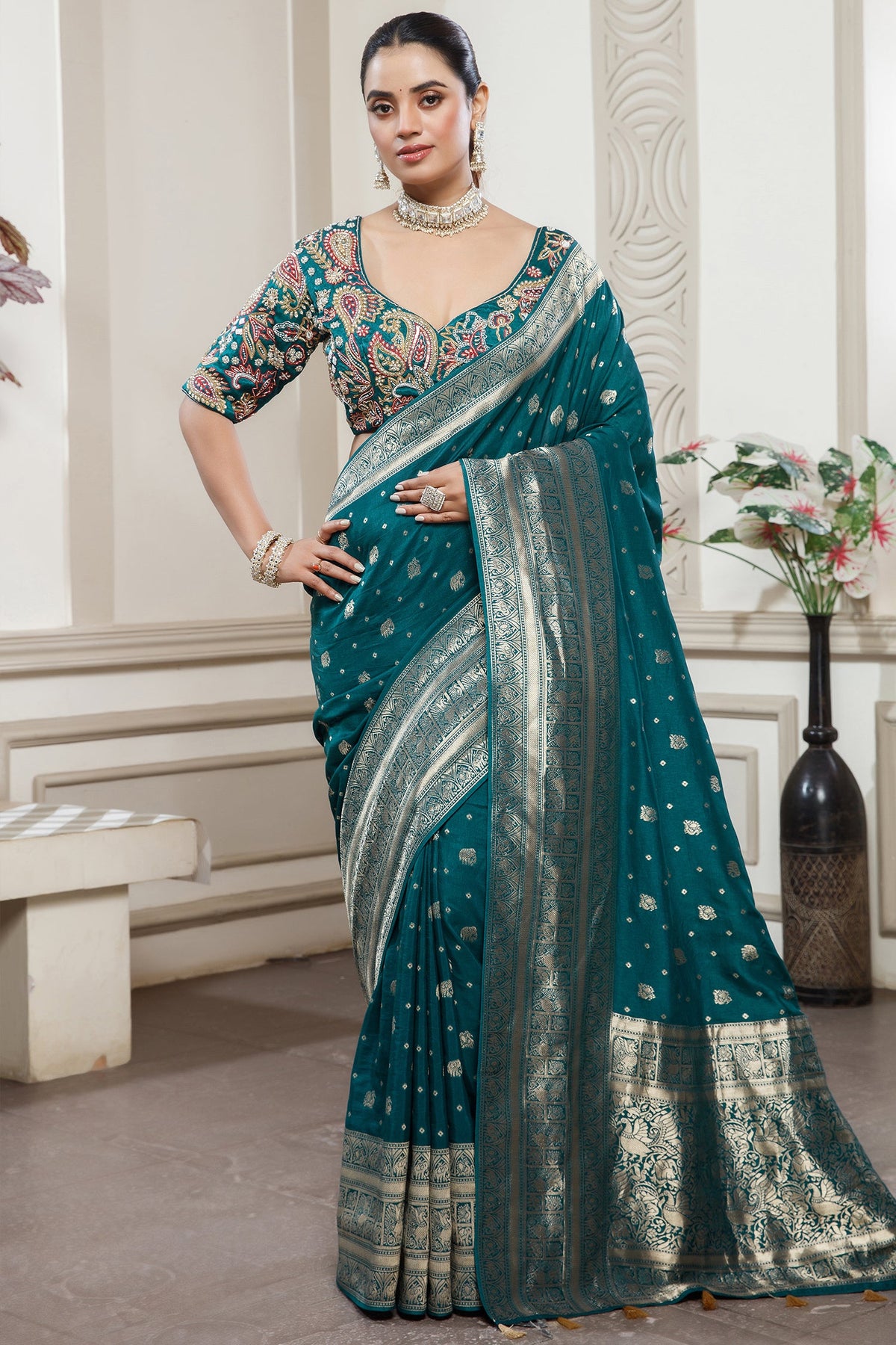 Teal Blue Gaji Silk Woven Saree with Handworked Readymade Blouse - blue silk saree