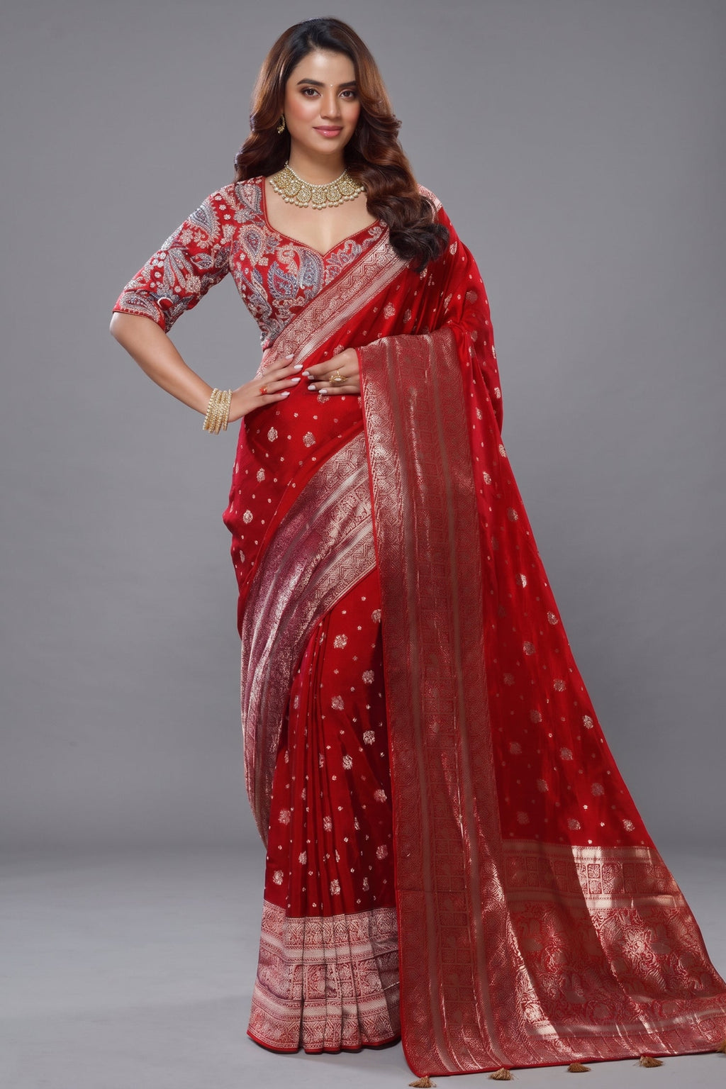 Red Gaji Silk Woven Saree