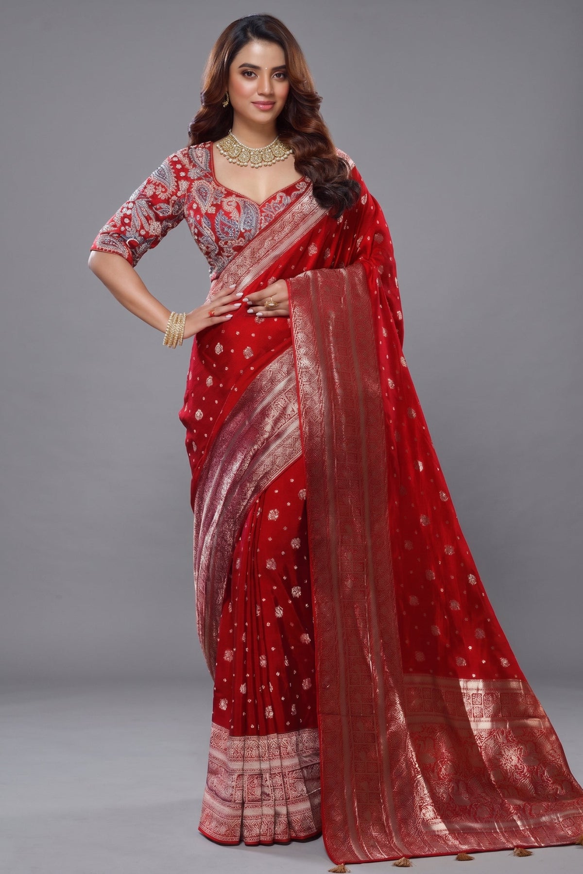 Red Gaji Silk Woven Saree