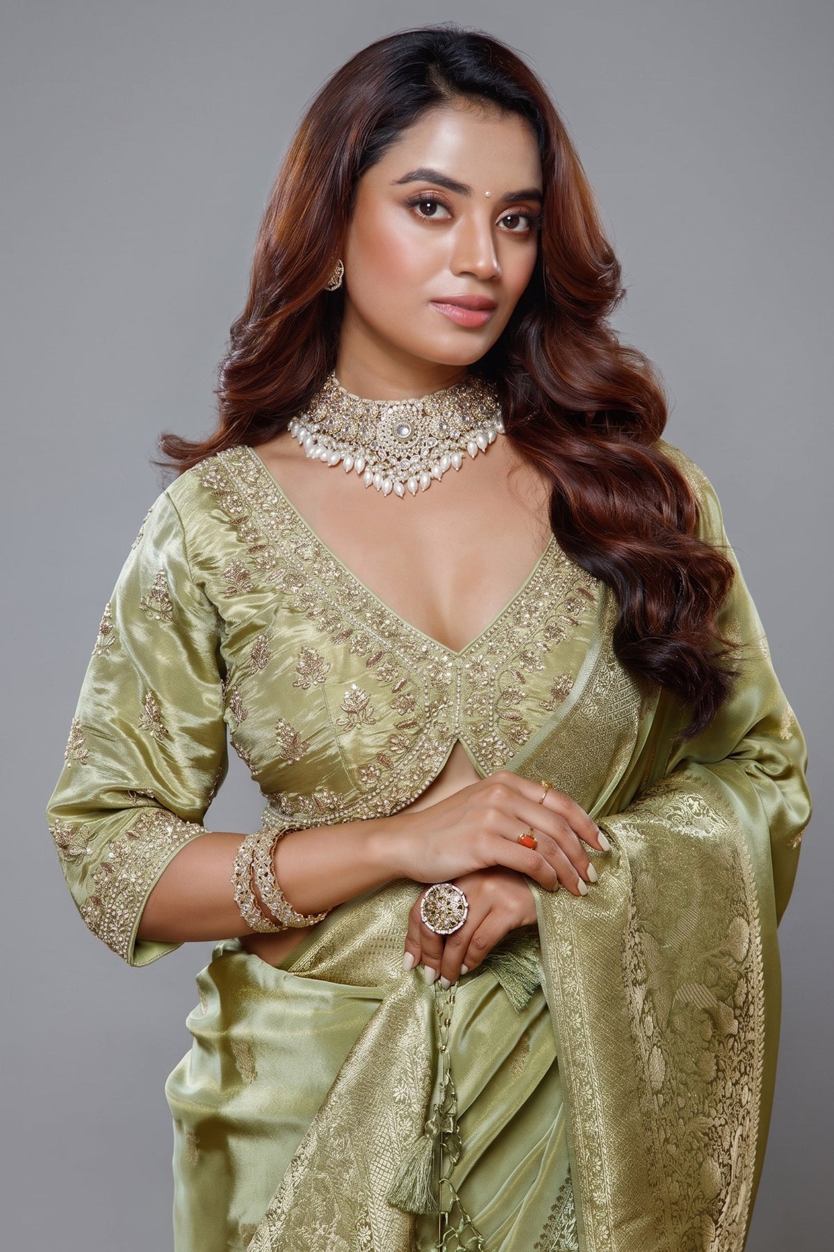 Saree with Readymade Light Pistachio Blouse