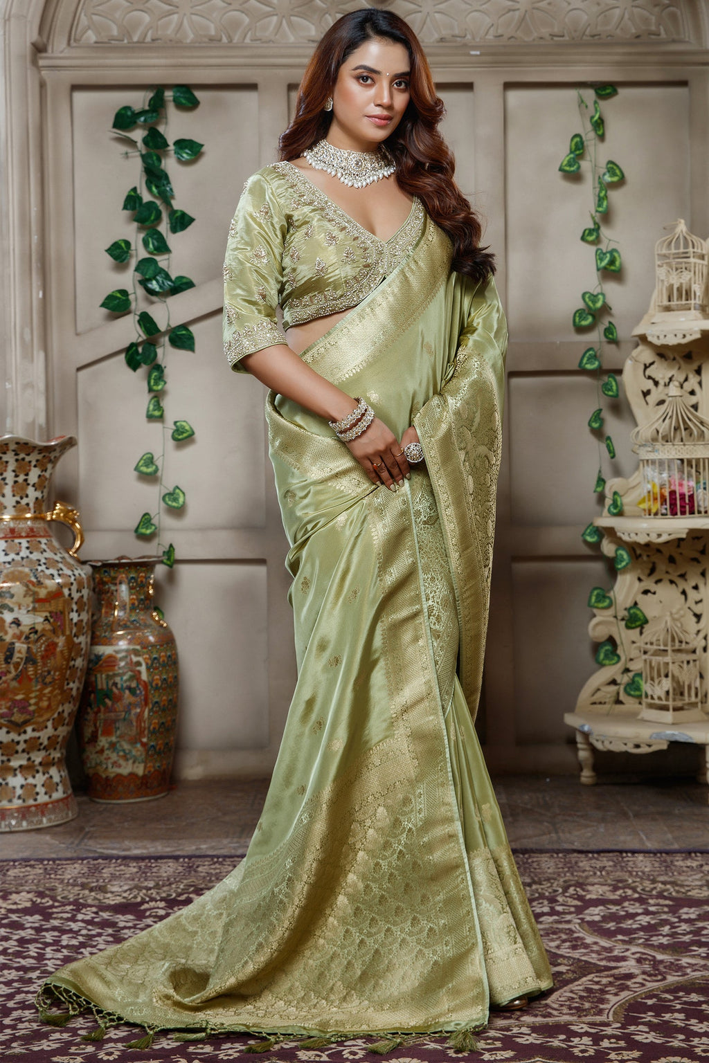 Light Pistachio Tissue Dola Silk Woven Saree with Handworked Readymade Blouse - silk saree