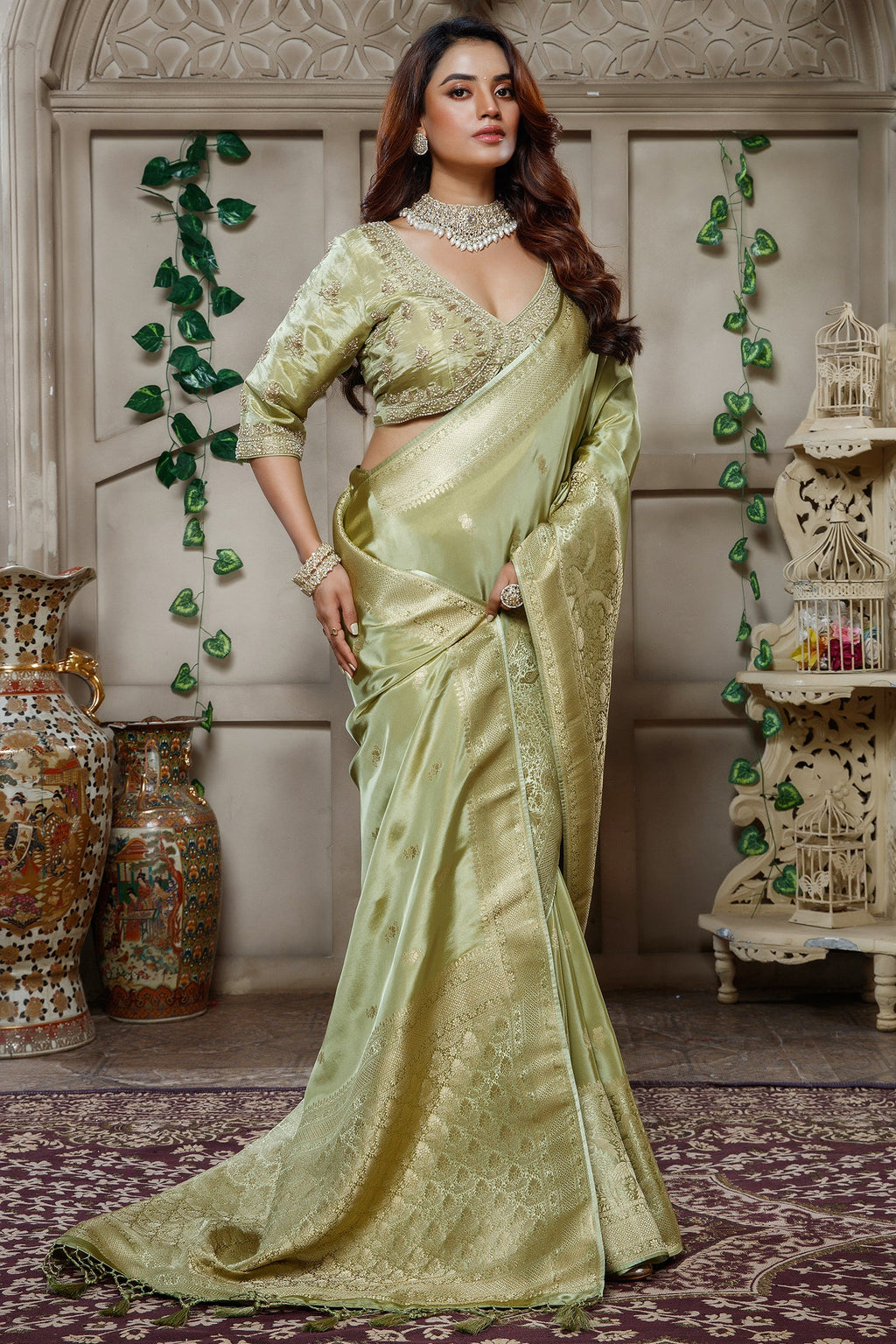 Light Pistachio Tissue Dola Silk Woven Saree with Handworked Readymade Blouse - silk saree