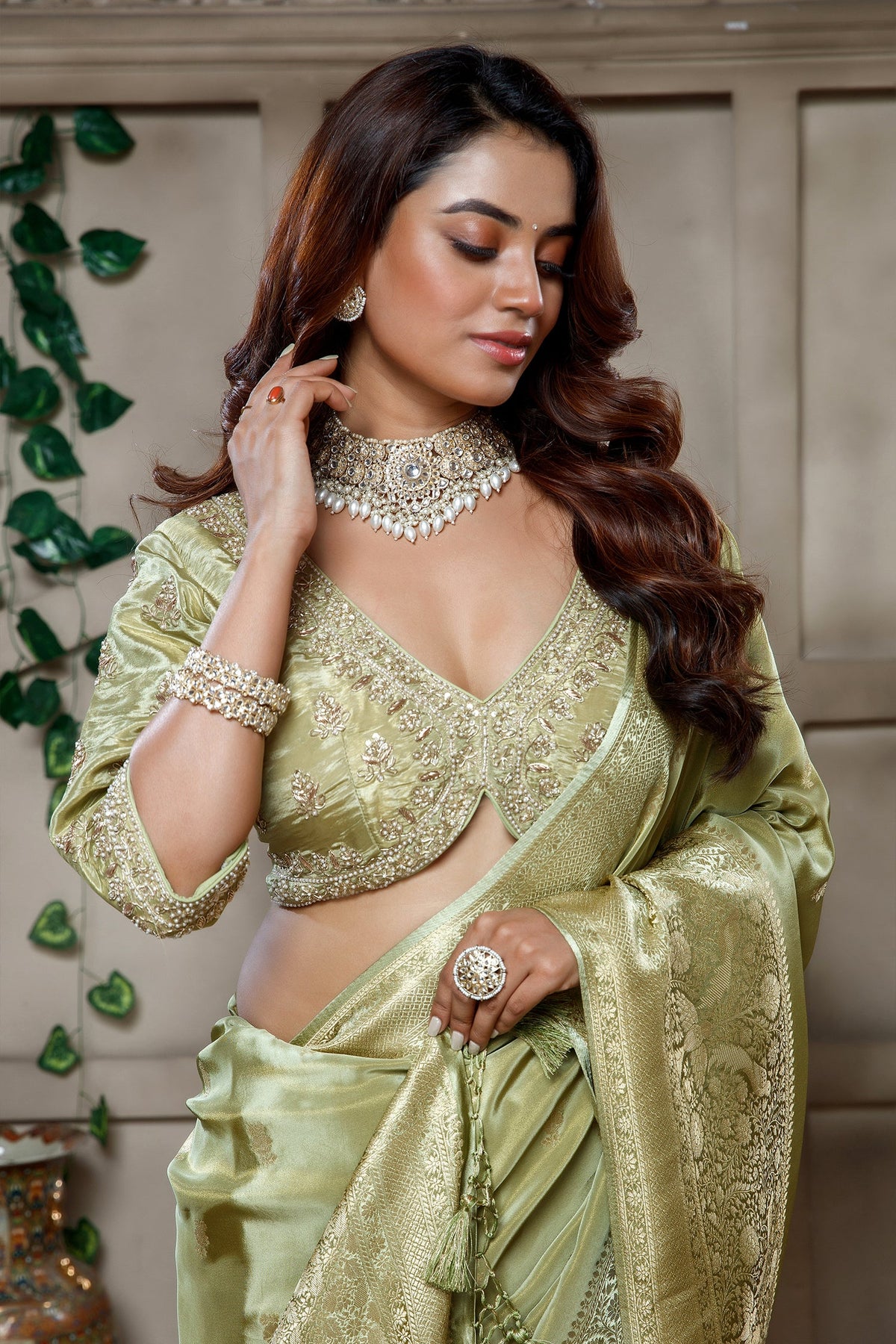 Light Pistachio Tissue Dola Silk Woven Saree with Handworked Readymade Blouse - silk saree