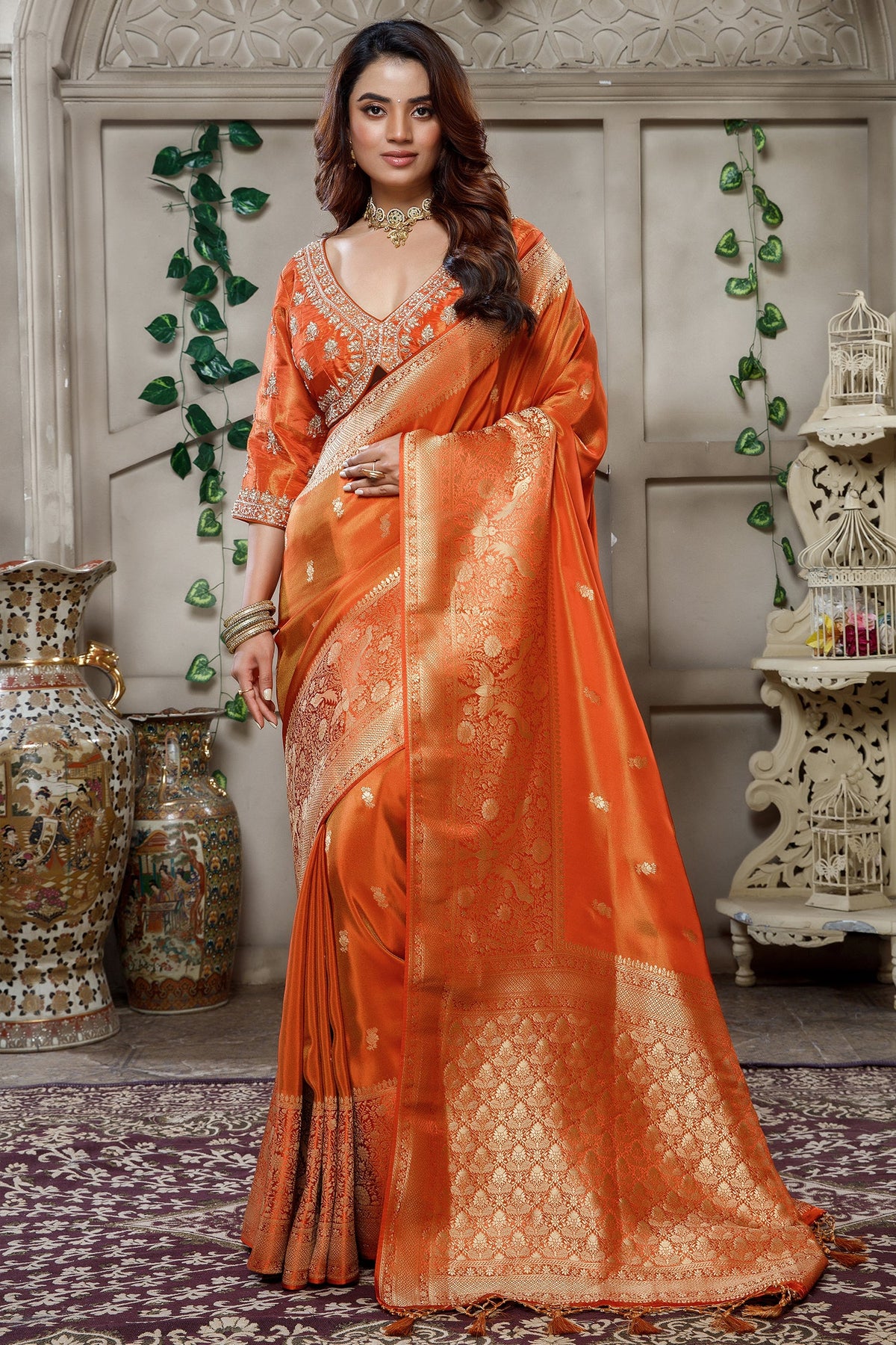 Orange Tissue Dola Silk Woven Saree with Handworked Readymade Blouse - orange silk saree