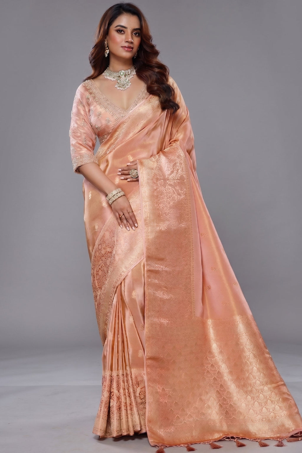 Light Peach Tissue Dola Silk Woven Saree