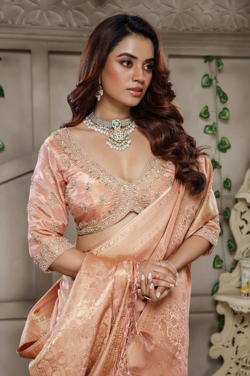 Light Peach Tissue Dola Silk Woven Saree with Handworked Readymade Blouse - peach silk saree