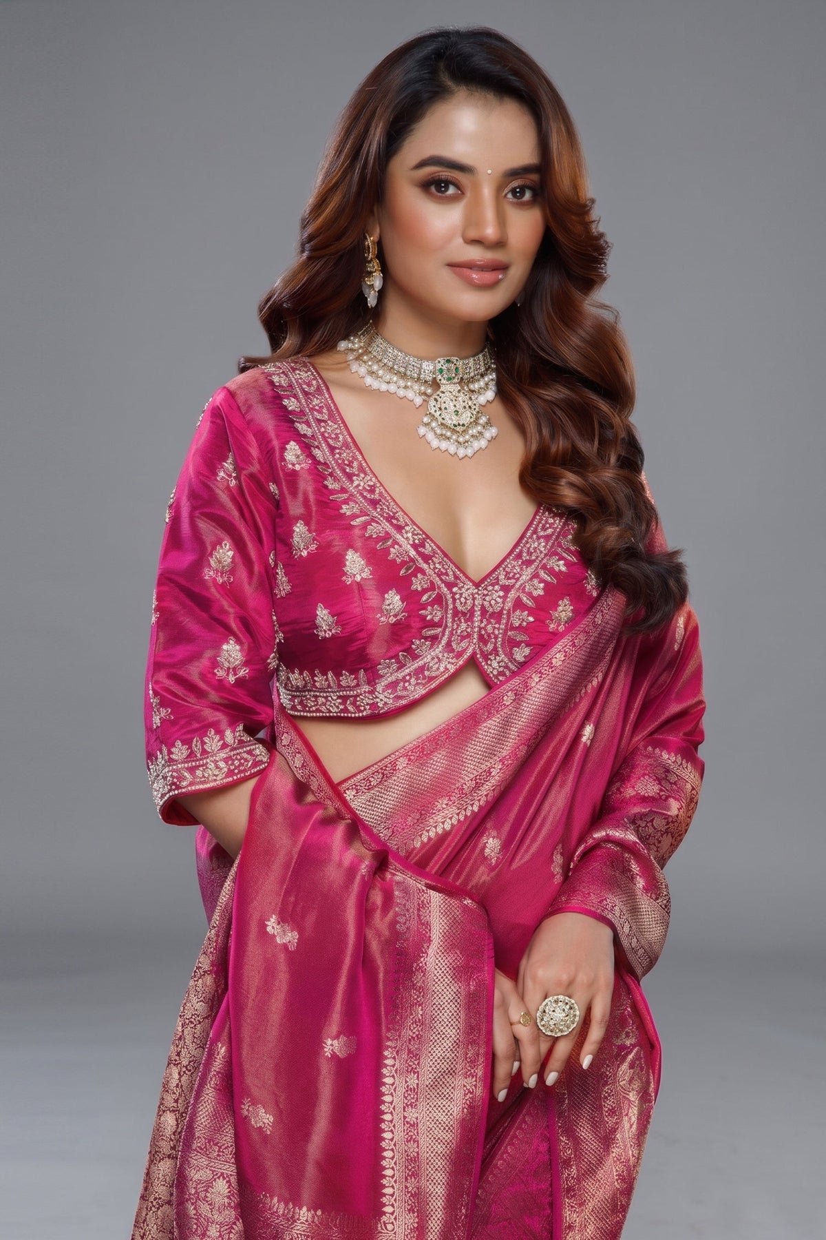 Saree with Readymade Fuchsia Pink Blouse