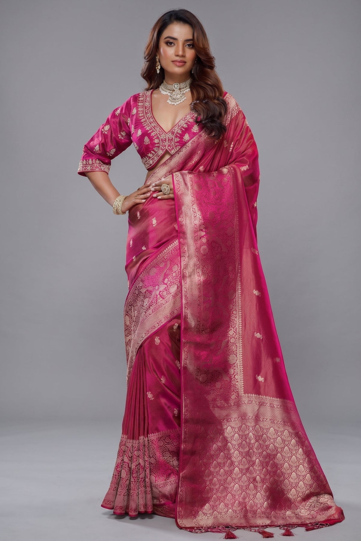 Fuchsia Pink Tissue Dola Silk Woven Saree