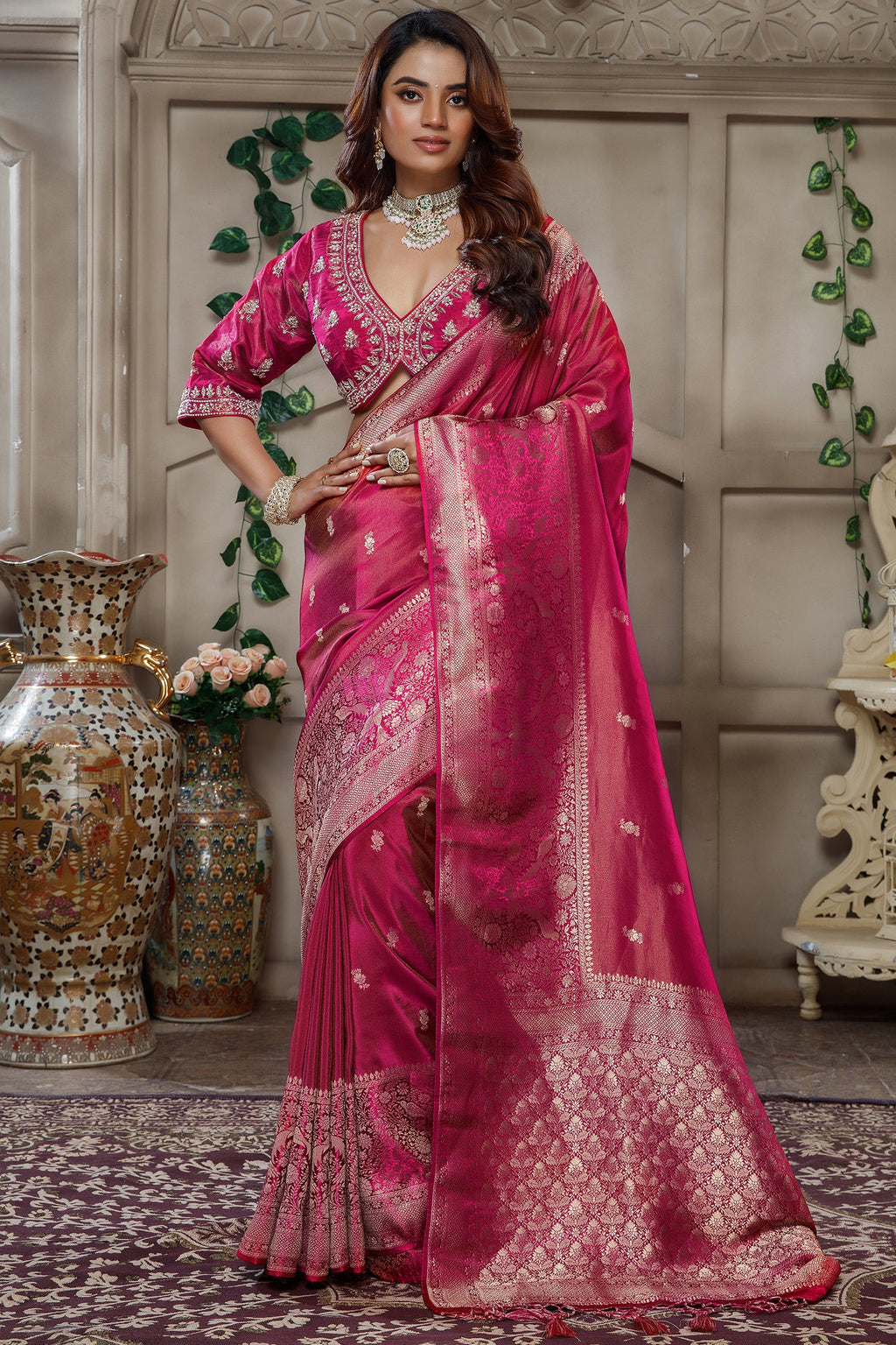 Fuchsia Pink Tissue Dola Silk Woven Saree with Handworked Readymade Blouse - pink silk saree