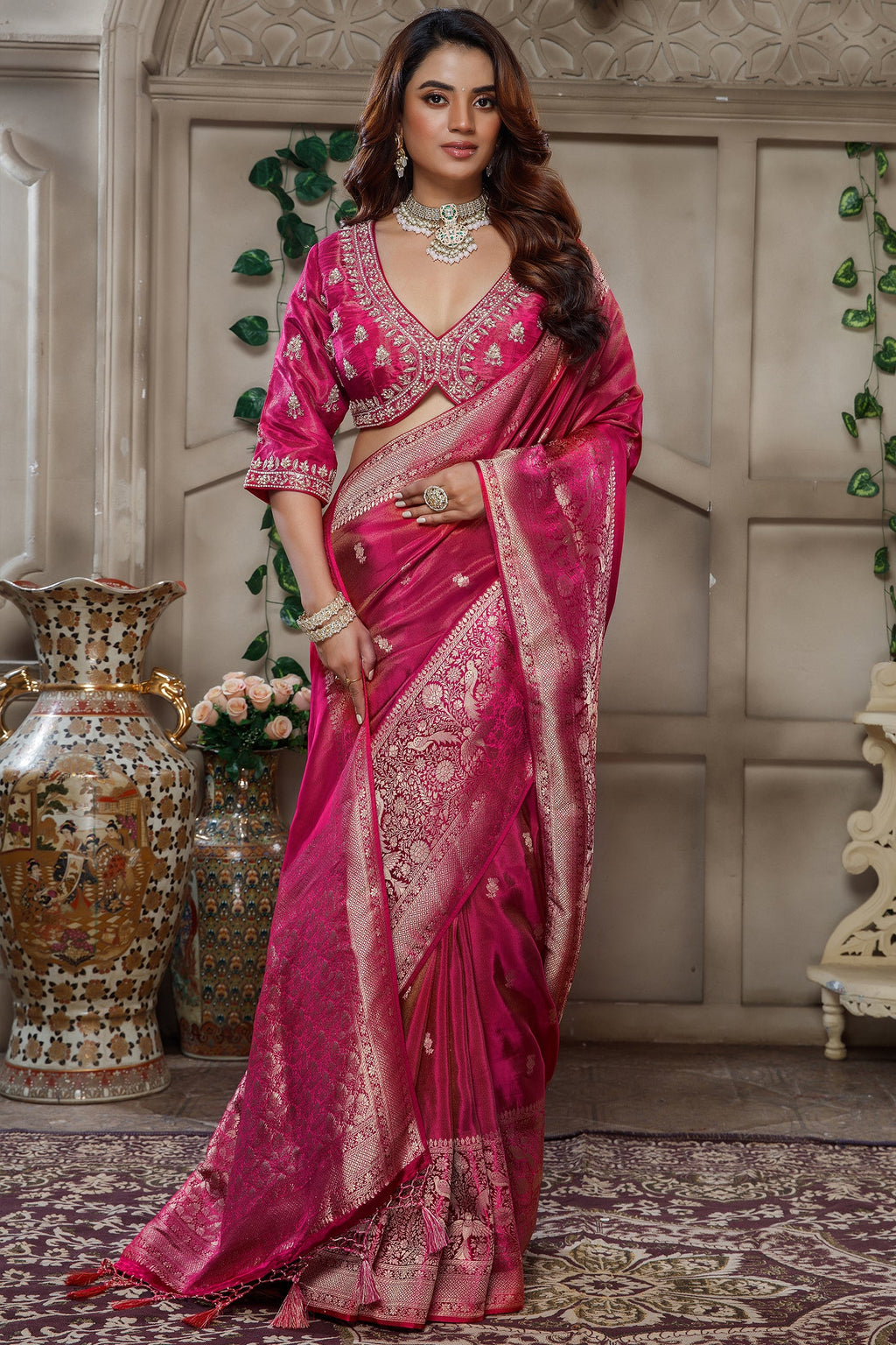 Fuchsia Pink Tissue Dola Silk Woven Saree with Handworked Readymade Blouse - pink silk saree