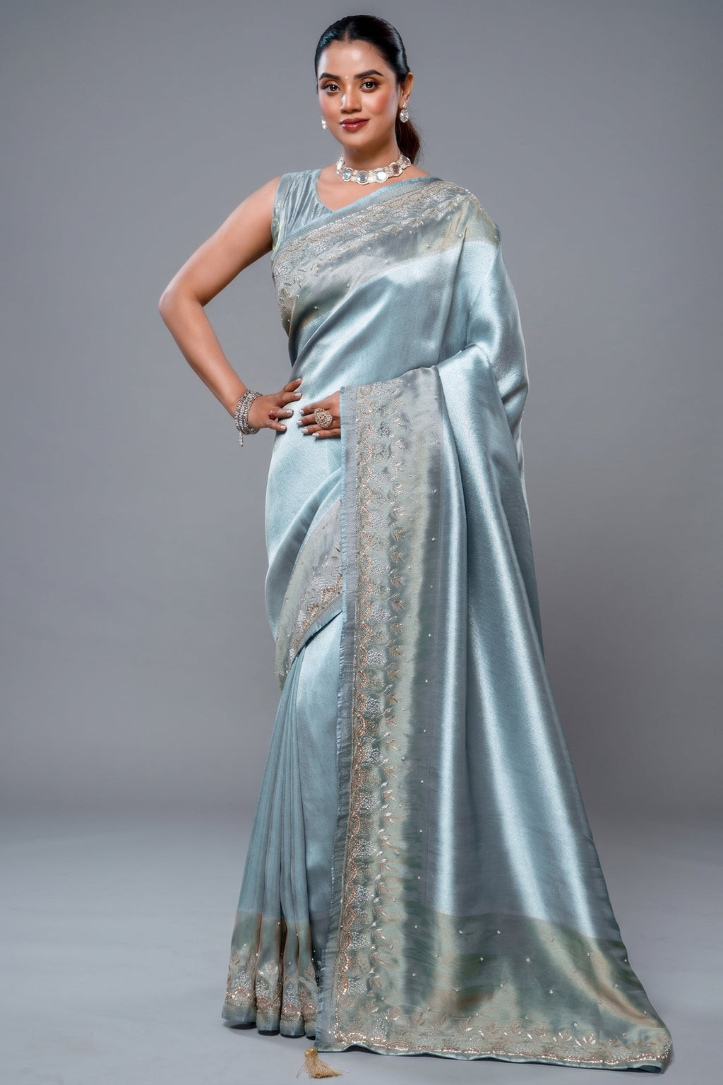 Aqua Blue Tissue Silk Saree