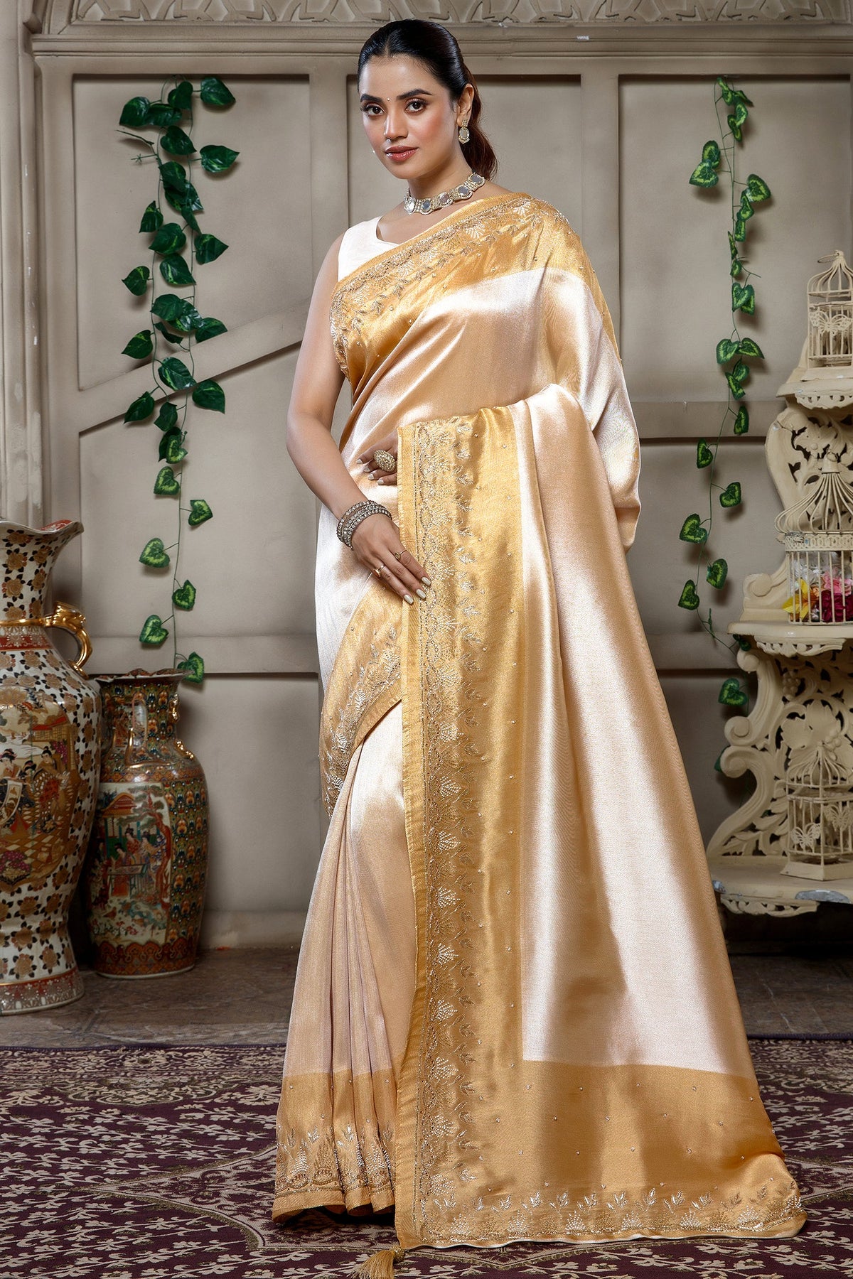Light Yellow Tissue Silk Saree with Cutdana and Beaded Worked - yellow silk saree