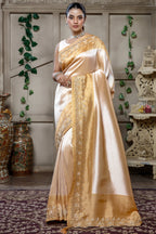 Light Yellow Tissue Silk Saree with Cutdana and Beaded Worked - yellow silk saree