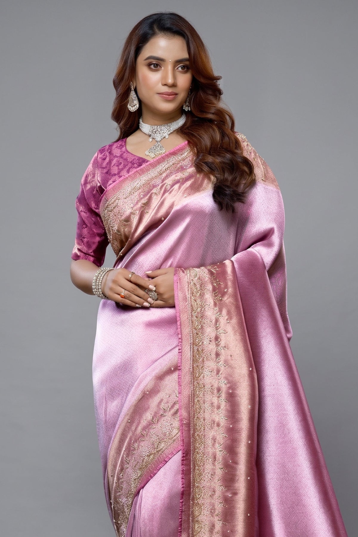 Close-up of intricate Cutdana and delicate beadwork on the Light Violet and Pink Tissue Silk Saree