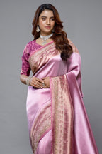 Close-up of intricate Cutdana and delicate beadwork on the Light Violet and Pink Tissue Silk Saree