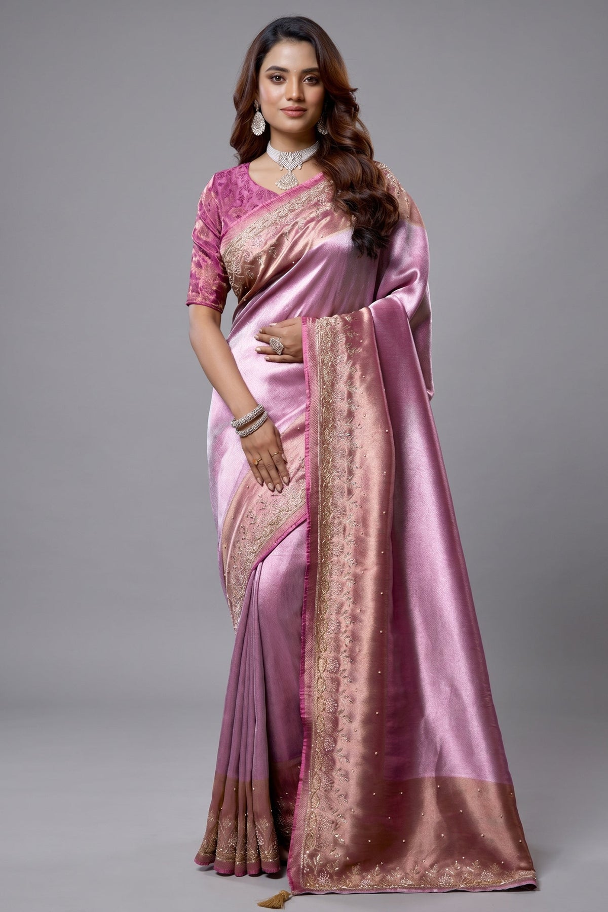 Light Violet and Pink Tissue Silk Saree - Front View